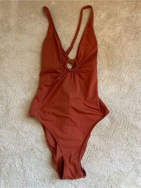 Bleu Rod Beattie Rust-Brown Women’s One-Piece Swimsuit with Ring Accent